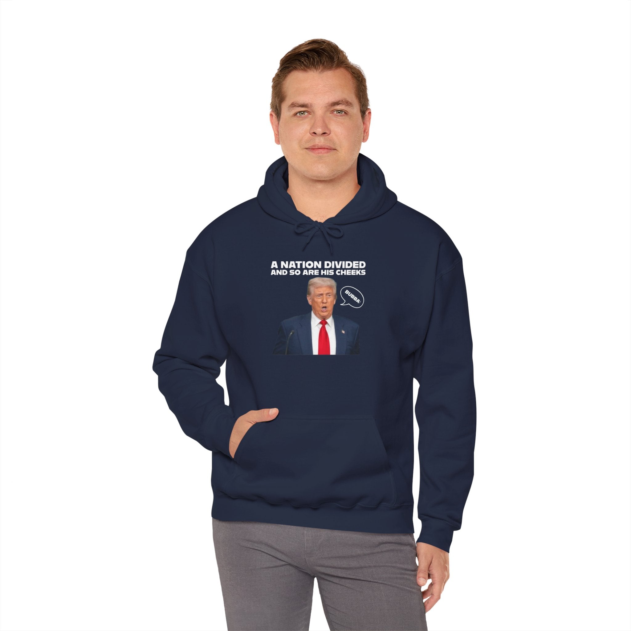 "A National Divided And So Are His Cheeks" Graphic - Unisex Heavy Blend™ Hooded Sweatshirt